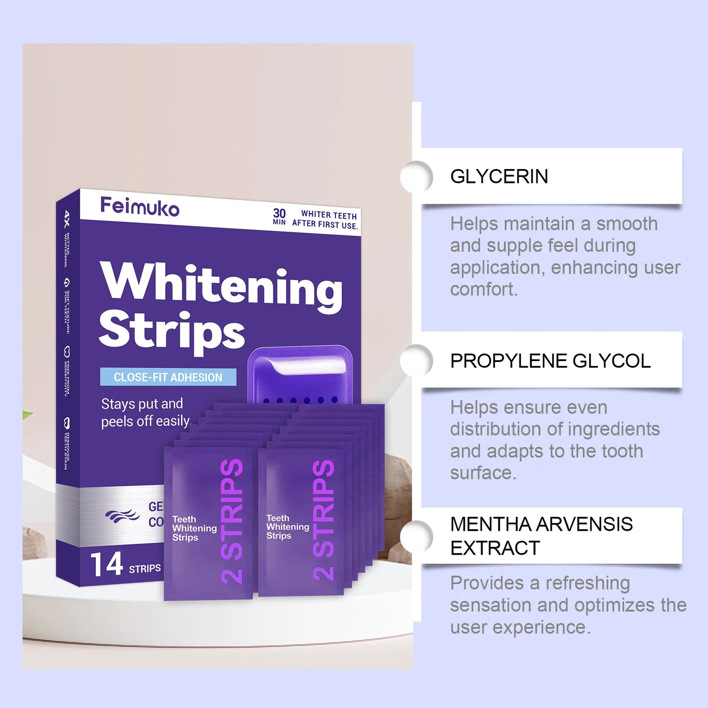 Purple Tooth Whitening Strips for Sensitive Teeth, Compact and Portable, Brightens Smile Anywhere, Anytime
