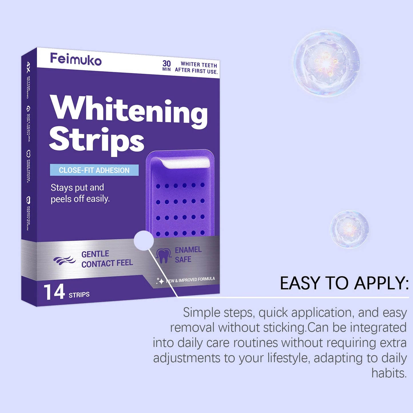 Purple Tooth Whitening Strips for Sensitive Teeth, Compact and Portable, Brightens Smile Anywhere, Anytime
