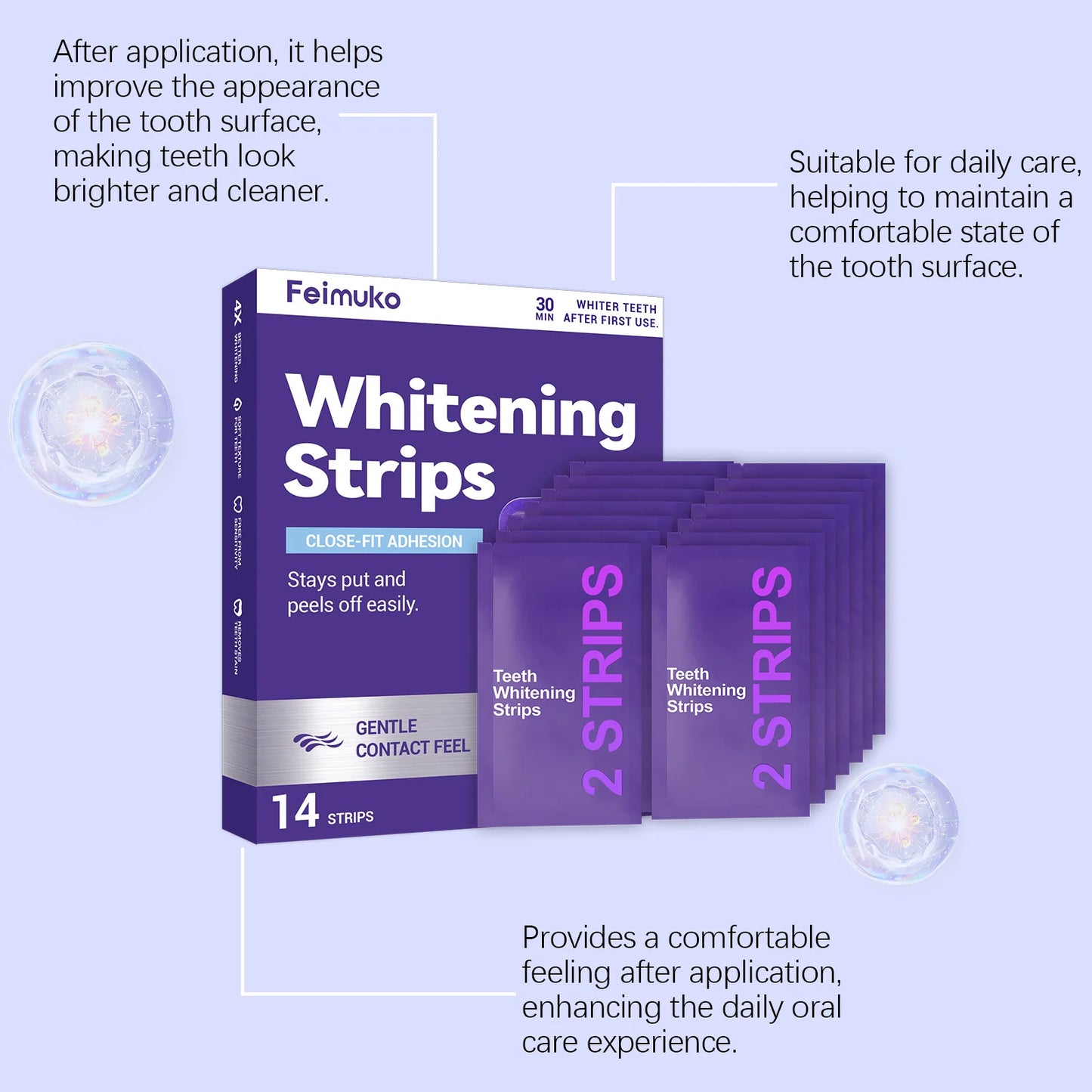 Purple Tooth Whitening Strips for Sensitive Teeth, Compact and Portable, Brightens Smile Anywhere, Anytime